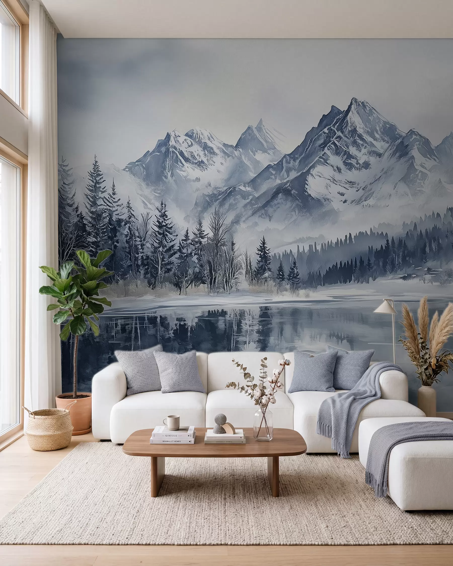 Papier peint Les Alpes enneigées, forêt d'hiver, lac gelé, palette de couleurs bleues  w02358