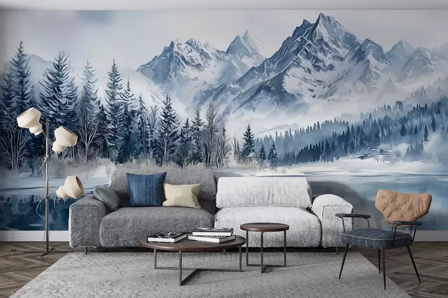 Papier peint Les Alpes enneigées, forêt d'hiver, lac gelé, palette de couleurs bleues  w02358