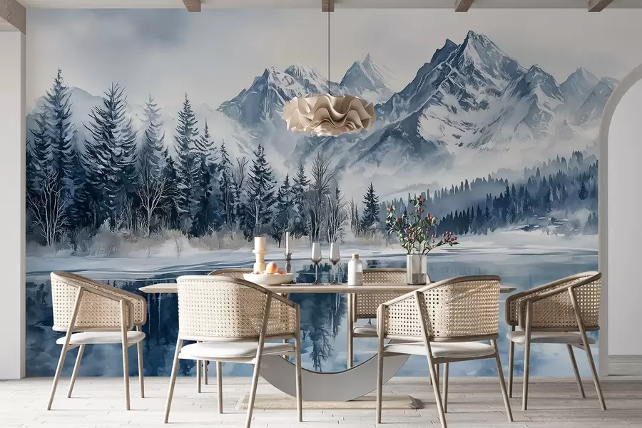 Papier peint Les Alpes enneigées, forêt d'hiver, lac gelé, palette de couleurs bleues  w02358