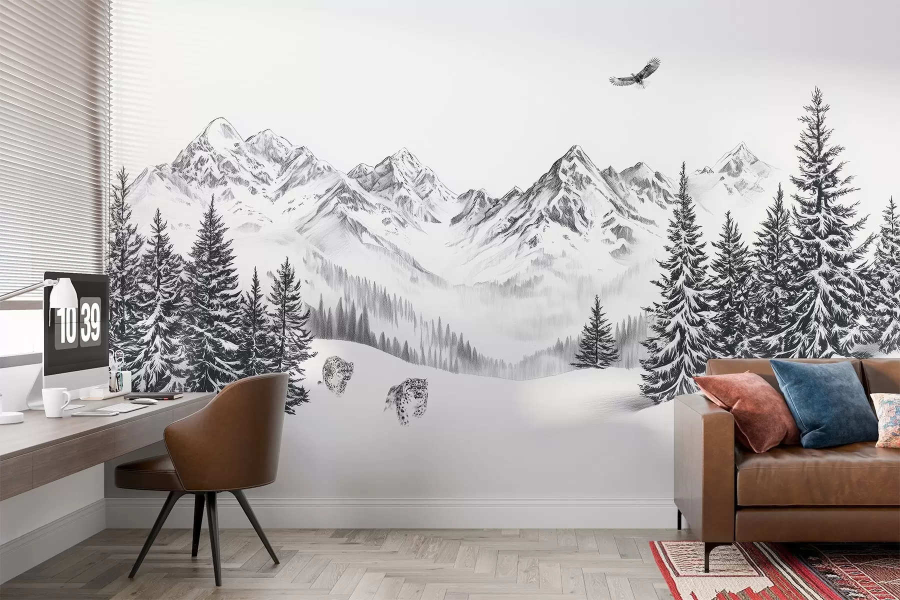 Papier peint Montagnes d'hiver, léopards des neiges, forêt de pins, dessin au crayon, aigle en vol w02360