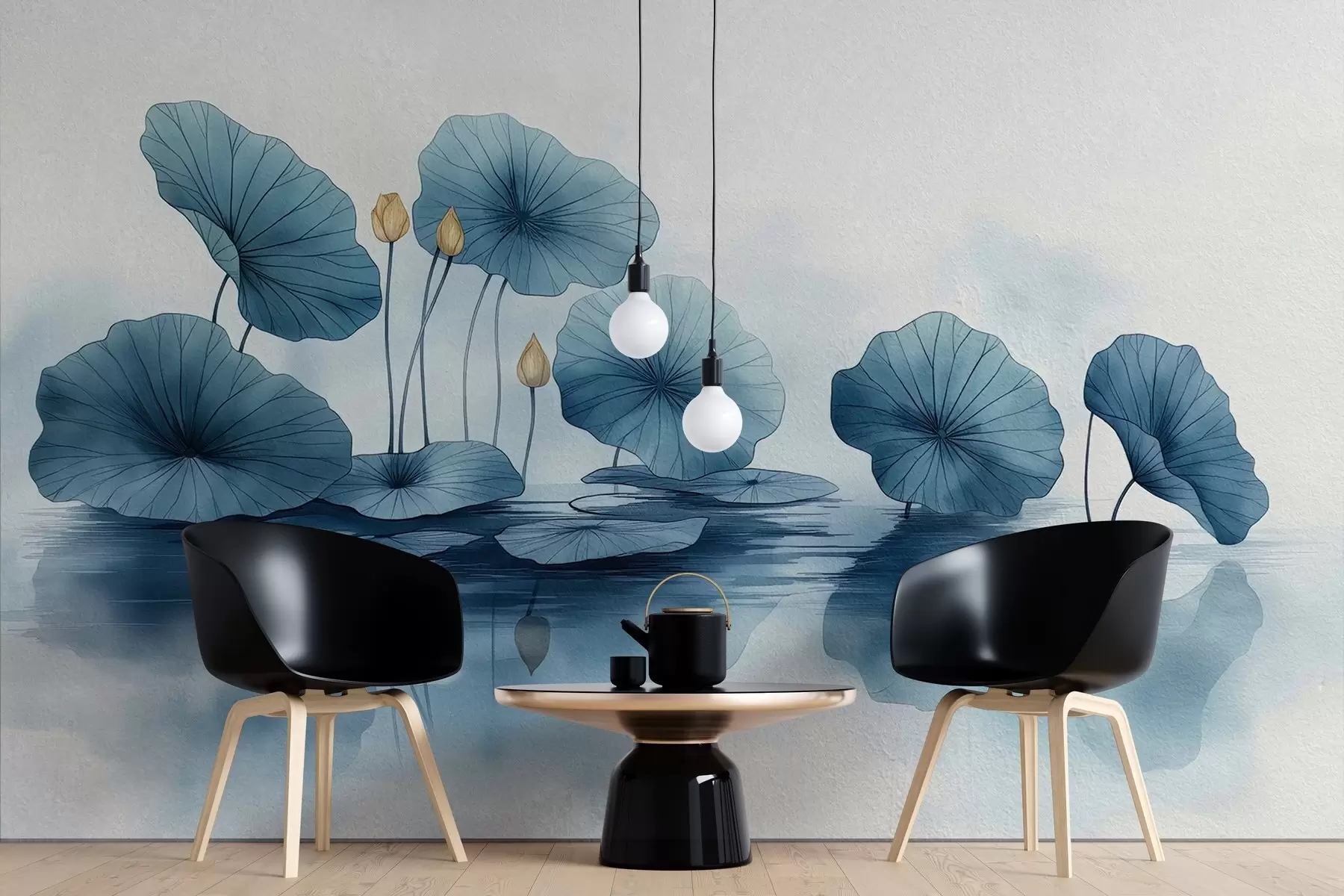 Papier peint Feuilles de lotus sur de l'eau sur un mur en béton w02011