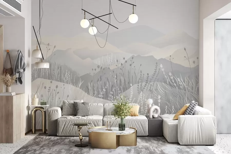 Papier peint Montagnes brumeuses, herbes et fleurs sauvages w02317