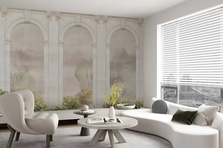 Papier peint Arches légères avec buissons et fleurs w02371v1