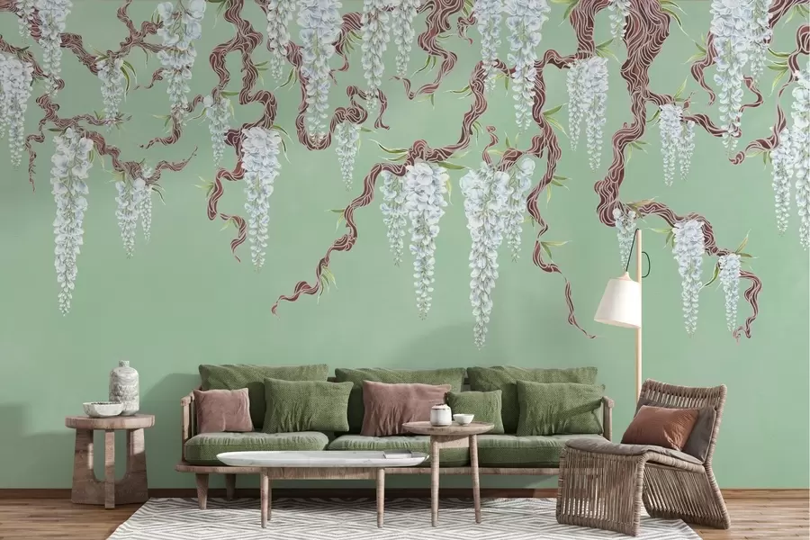 Papier peint Glycine bleue sur fond vert grunge w02372v3