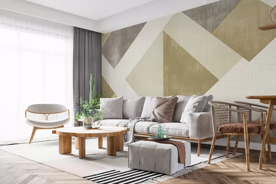 Papier peint Ce papier peint géométrique moderne présente des formes qui se chevauchent dans des tons doux de beige, d'olive et de taupe w02341