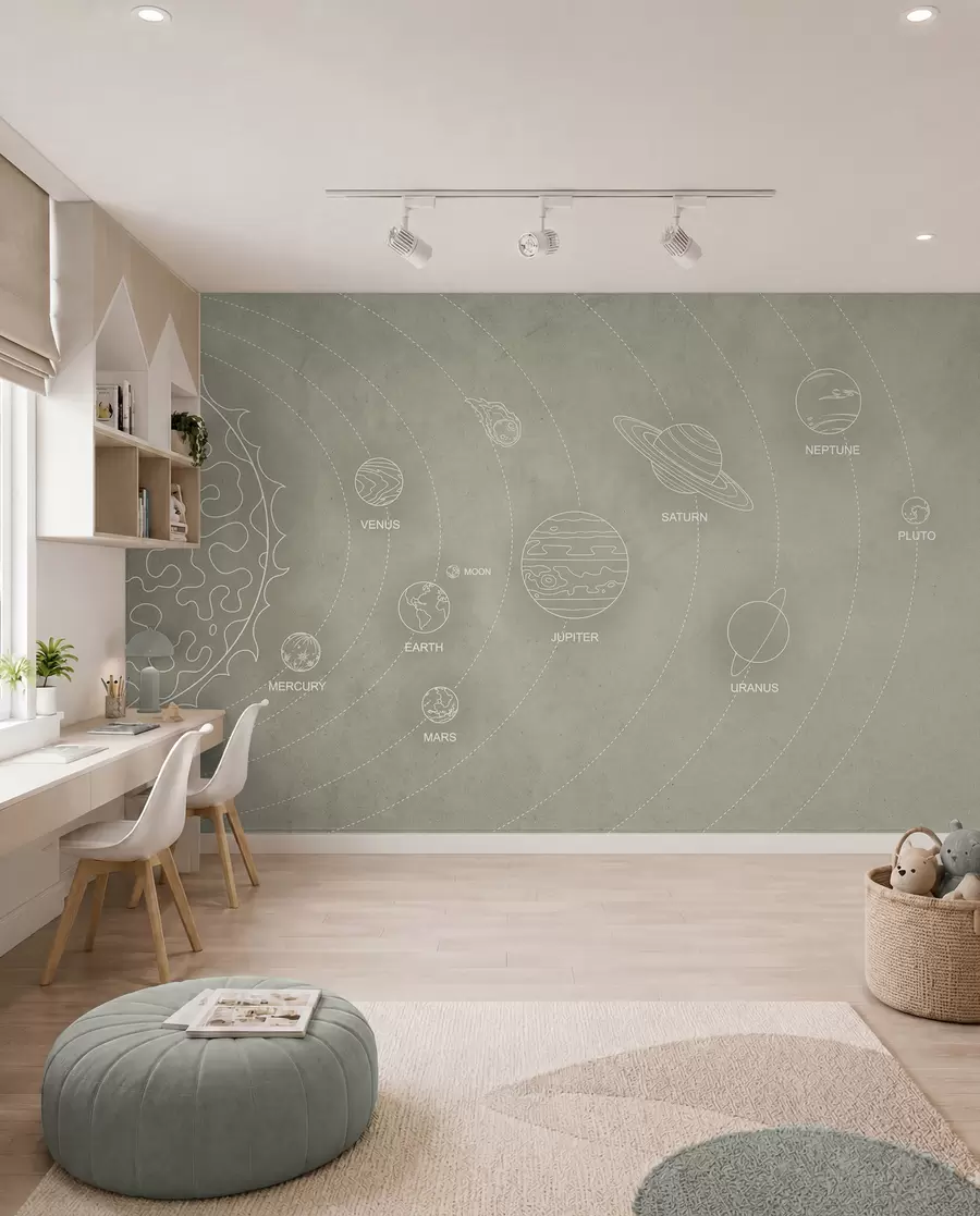 Papier peint Système solaire dans un style minimaliste sur un fond texturé beige cool w02344