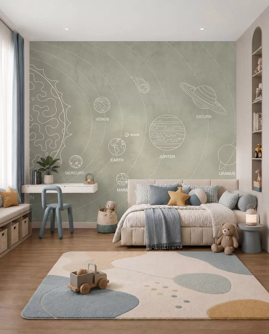 Papier peint Système solaire dans un style minimaliste sur un fond texturé beige cool w02344
