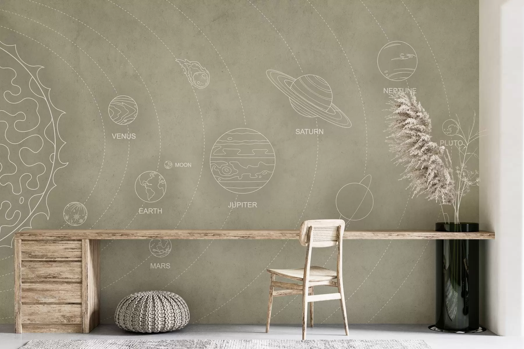 Papier peint Système solaire dans un style minimaliste sur un fond texturé beige cool w02344