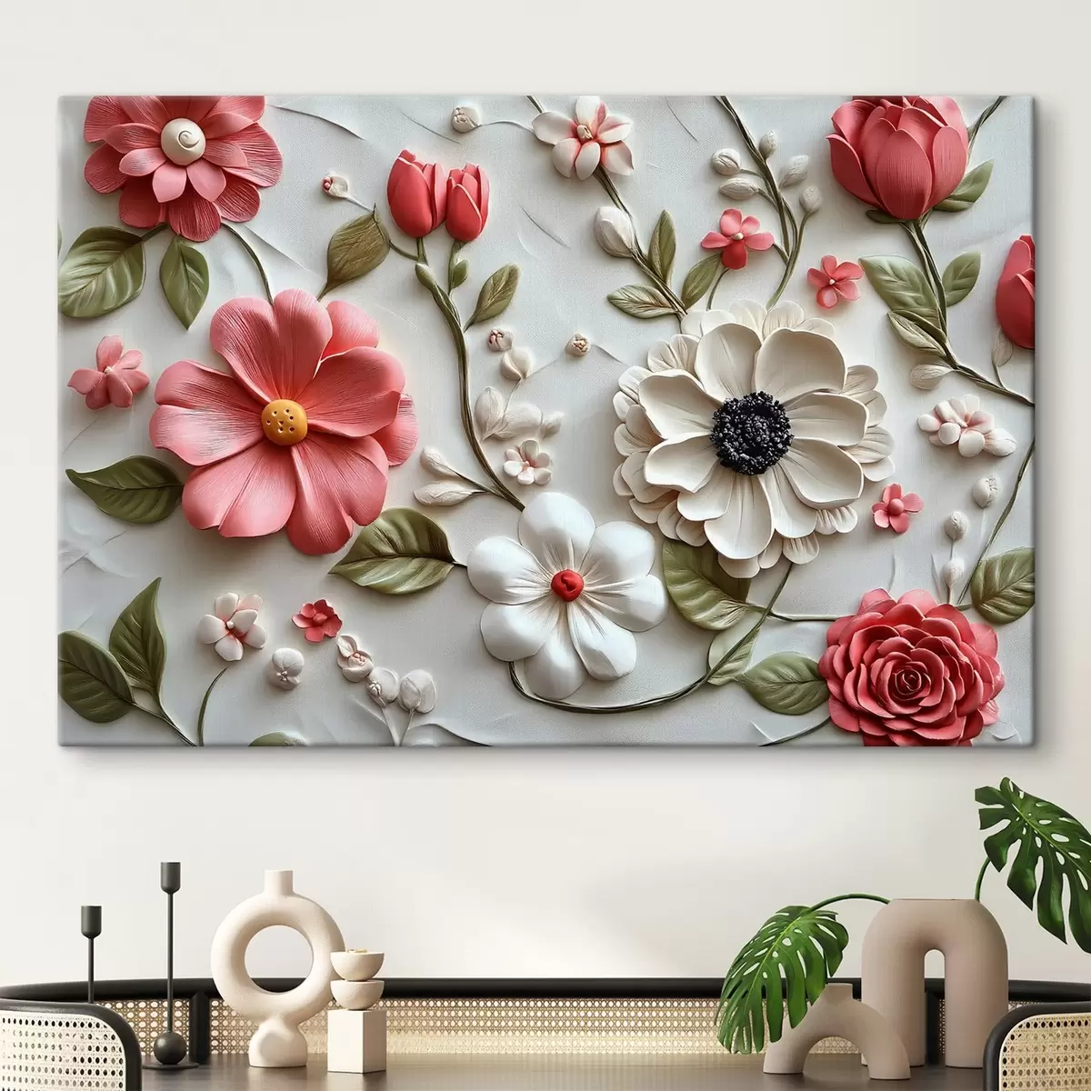 Tableau composition 3D de fleurs, imitation de plâtre s41868