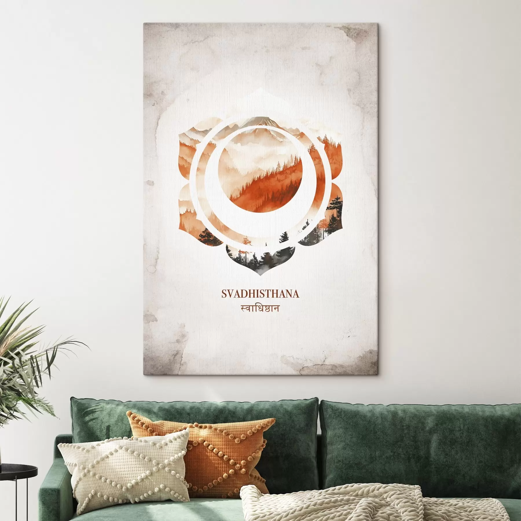 Tableau Svadhisthana chakra, chakra orange, ésotérique, méditation, bouddhisme, montagnes style aquarelle s41881