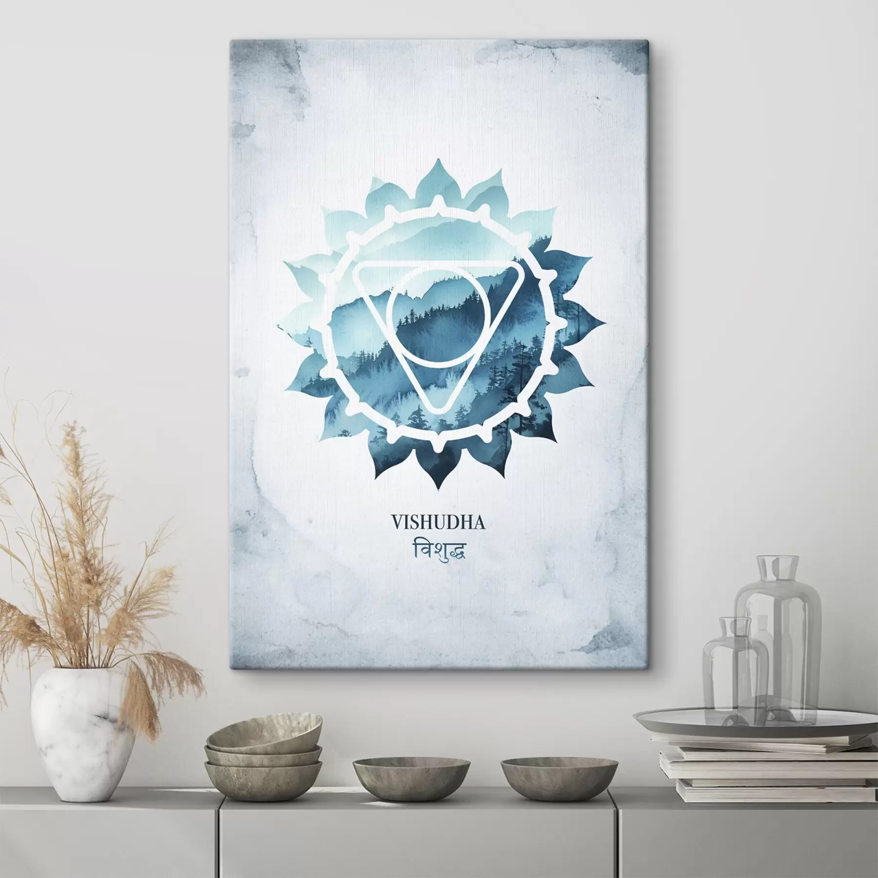 Tableau Vishuddha chakra, chakra bleu, ésotérique, méditation, bouddhisme, montagnes style aquarelle s41884