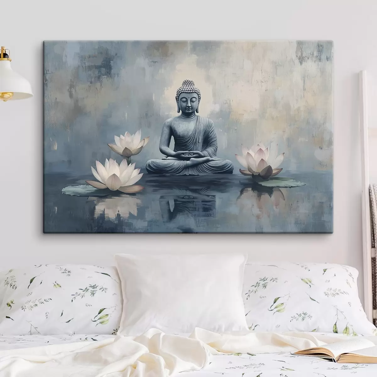 Tableau Bouddha méditant dans le lac avec des lotus, oriental, style acrylique s41891