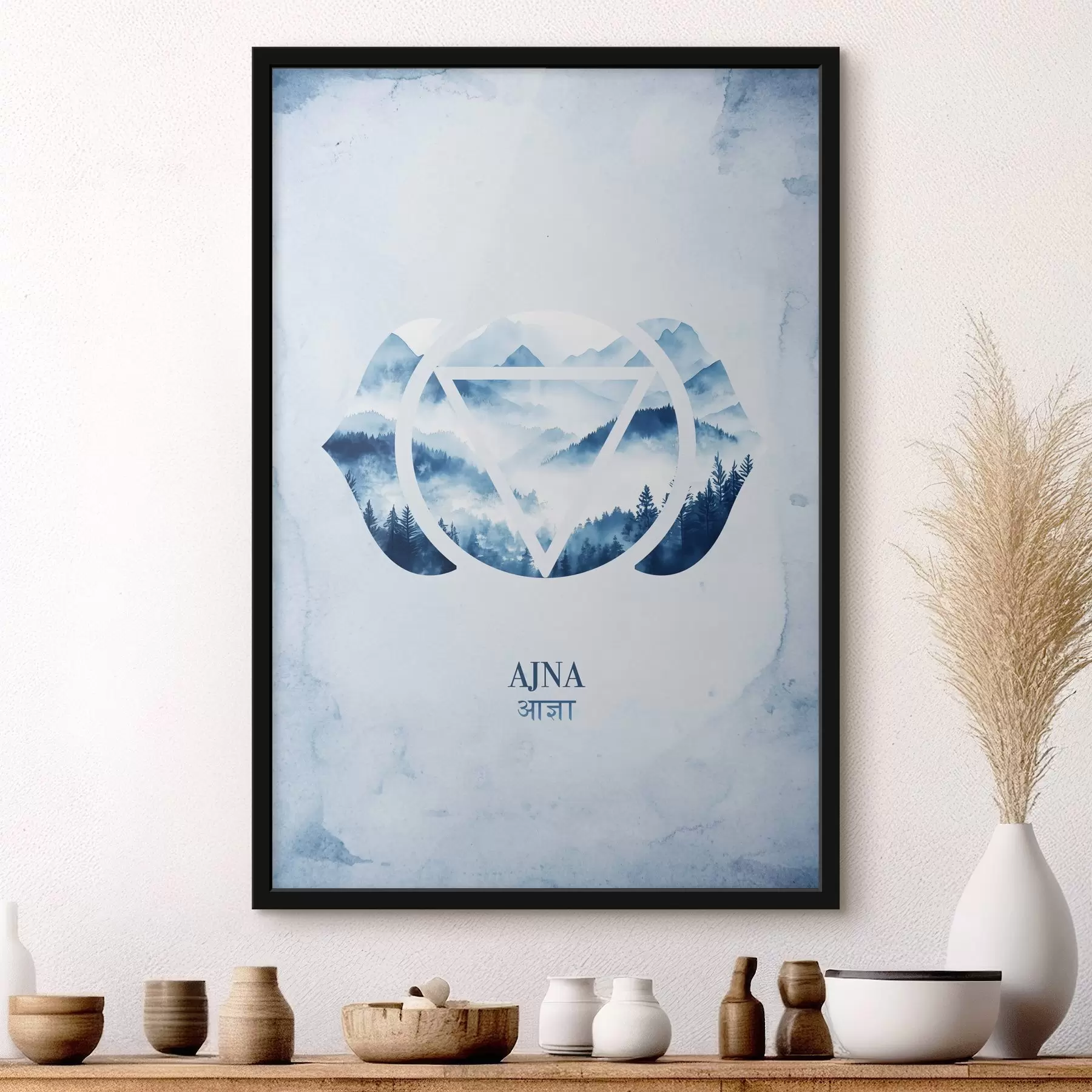 Papier peint Ajna chakra, chakra du troisième œil, ésotérique, méditation, bouddhisme, montagnes à l'aquarelle f41885