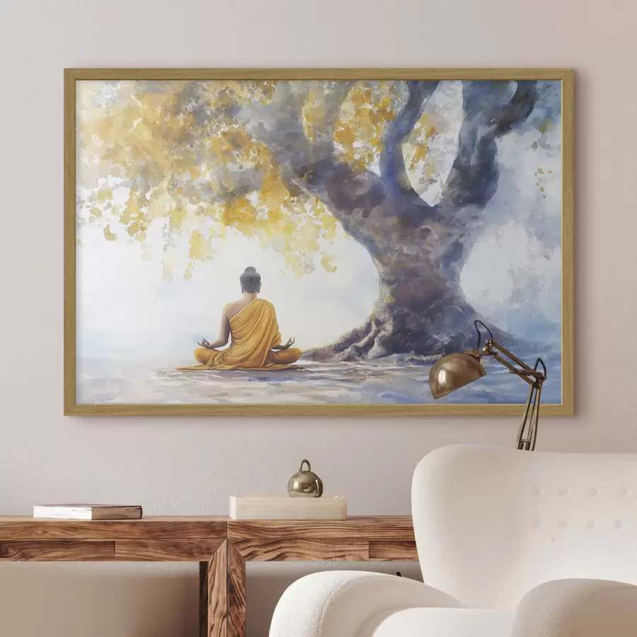 Papier peint Méditation sous l'arbre, Bouddha, style aquarelle, couleurs jaune et bleu f41888