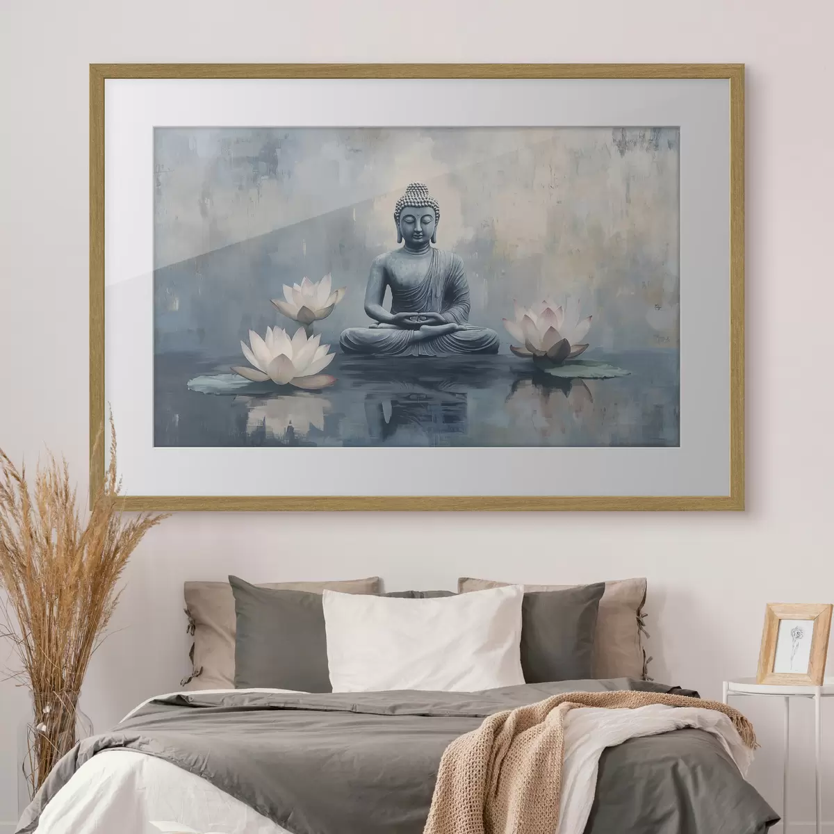 Poster Bouddha méditant dans le lac avec des lotus, oriental, style acrylique f41891