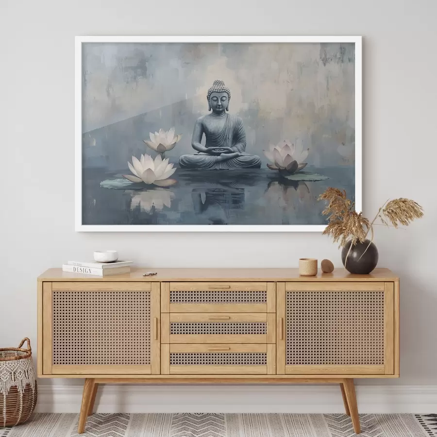Papier peint Bouddha méditant dans le lac avec des lotus, oriental, style acrylique f41891