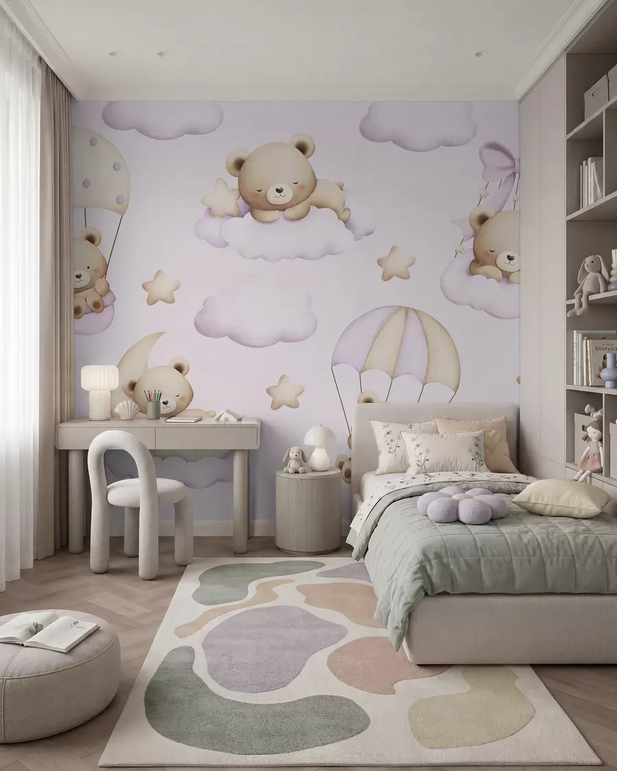 Papier peint Ours en parachute et nuages sur fond rose w02385v1