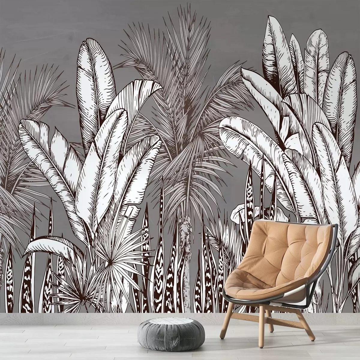 Papier peint Motif de feuilles tropicales sur fond gris w02299