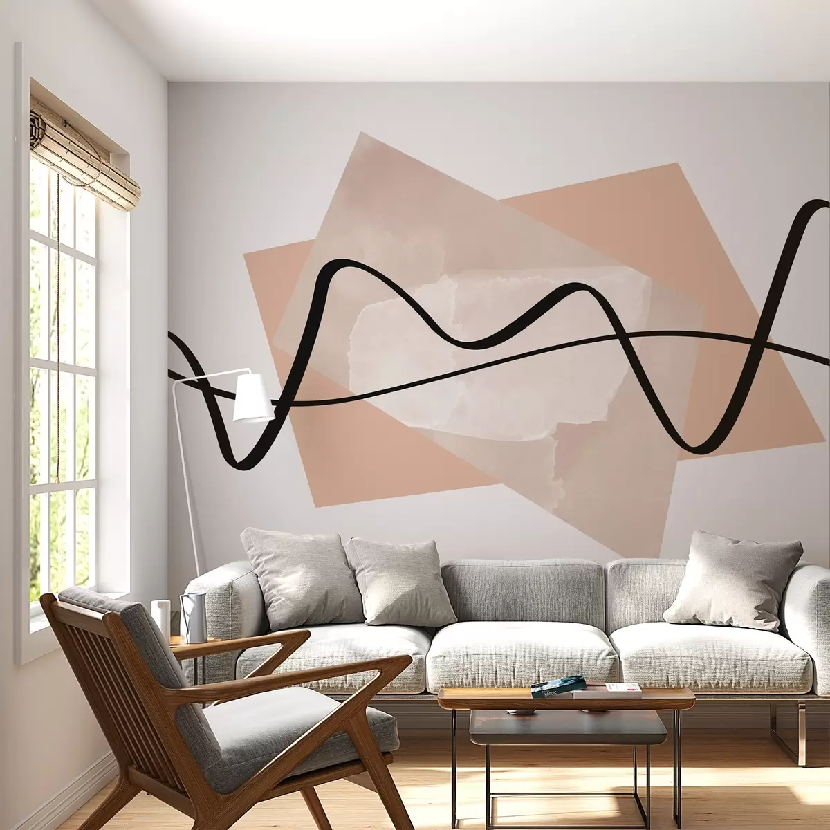 Papier peint Lignes noires et formes beiges abstraites w02377