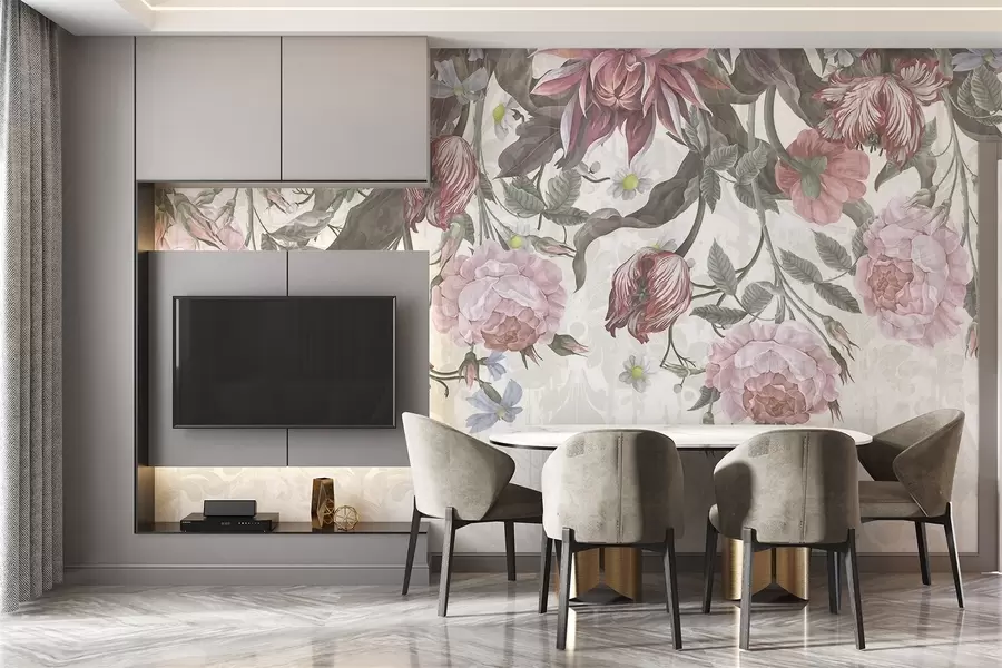 Papier peint Arrangement floral luxuriant composé de grandes fleurs roses et blanches, avec des feuilles et des tiges vertes  w08435