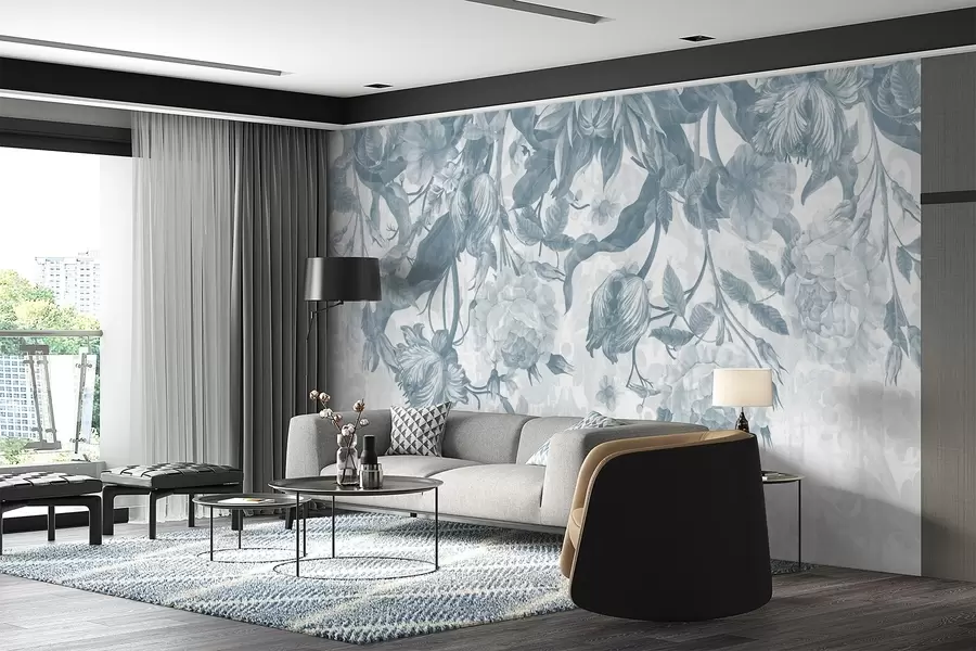 Papier peint Arrangement floral luxuriant composé de grandes fleurs bleues et blanches, avec des feuilles et des tiges bleu pastel  w08435v1