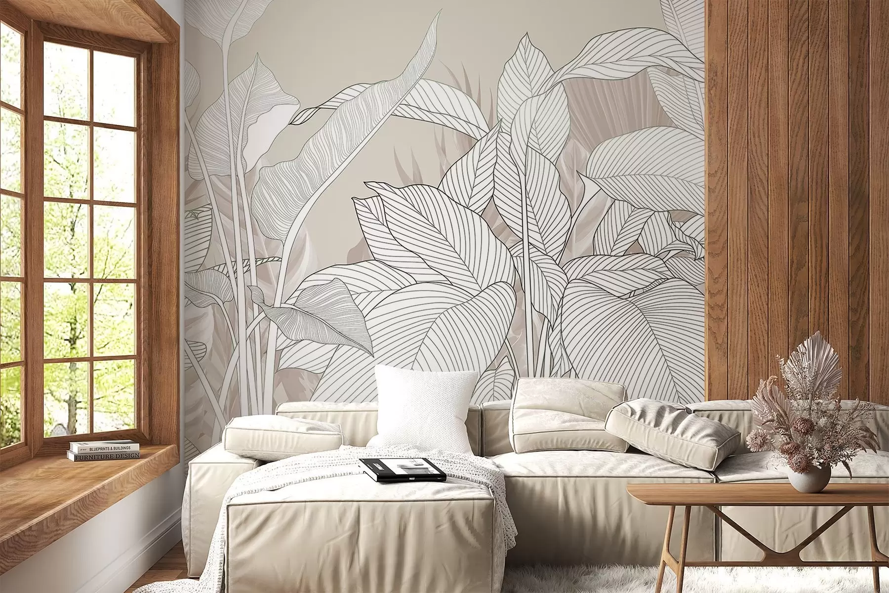 Papier peint Illustration monochrome présentant de grandes feuilles stylisées et du feuillage avec des motifs de lignes et des textures complexes w08436v1