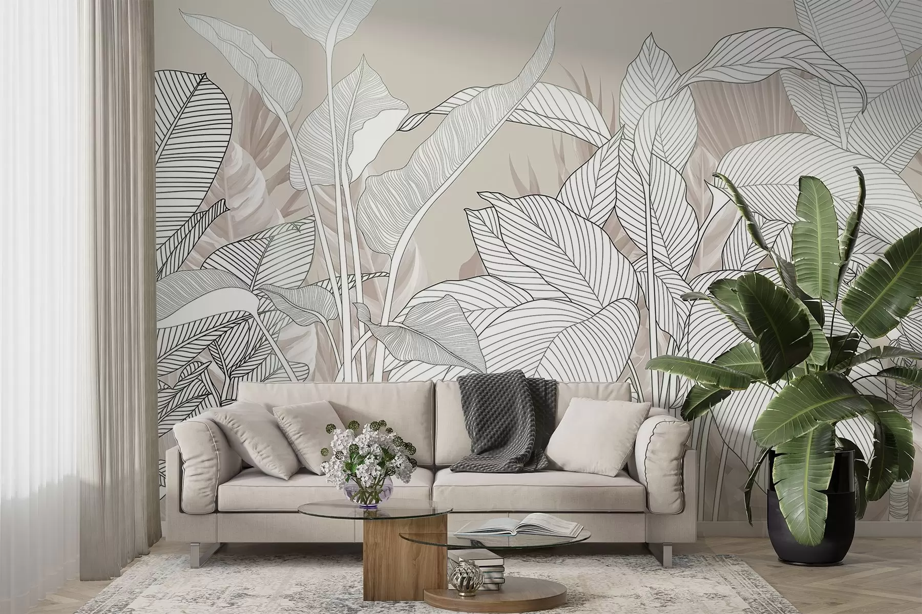 Papier peint Illustration monochrome présentant de grandes feuilles stylisées et du feuillage avec des motifs de lignes et des textures complexes w08436v1