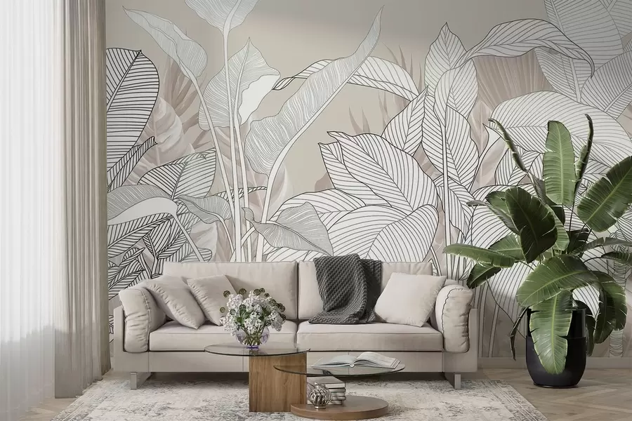 Papier peint Illustration monochrome présentant de grandes feuilles stylisées et du feuillage avec des motifs de lignes et des textures complexes w08436v1