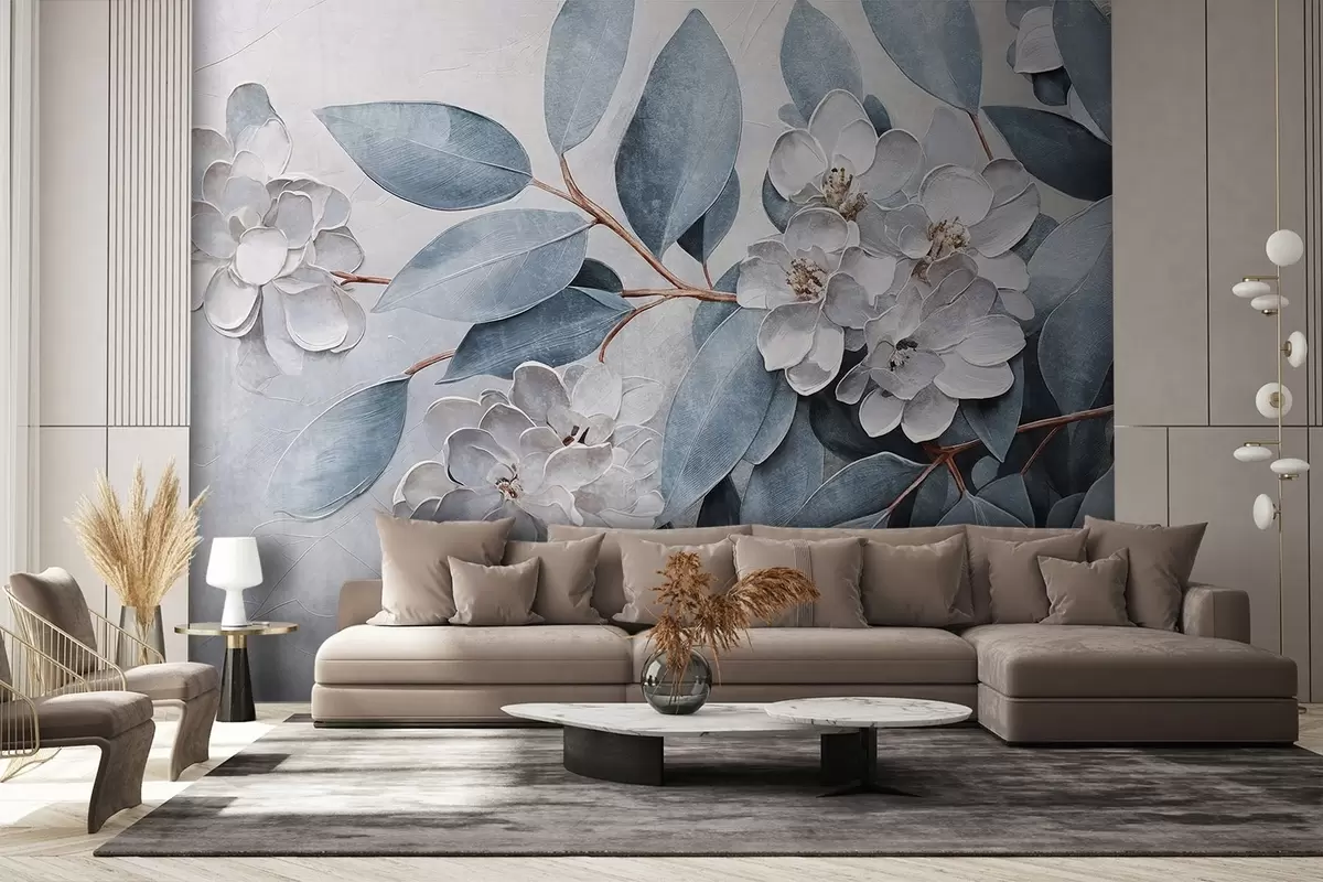Papier peint Fleurs blanches délicates avec des feuilles gris-vert sur un fond doux, dans le style de la peinture à l'huile  w08437