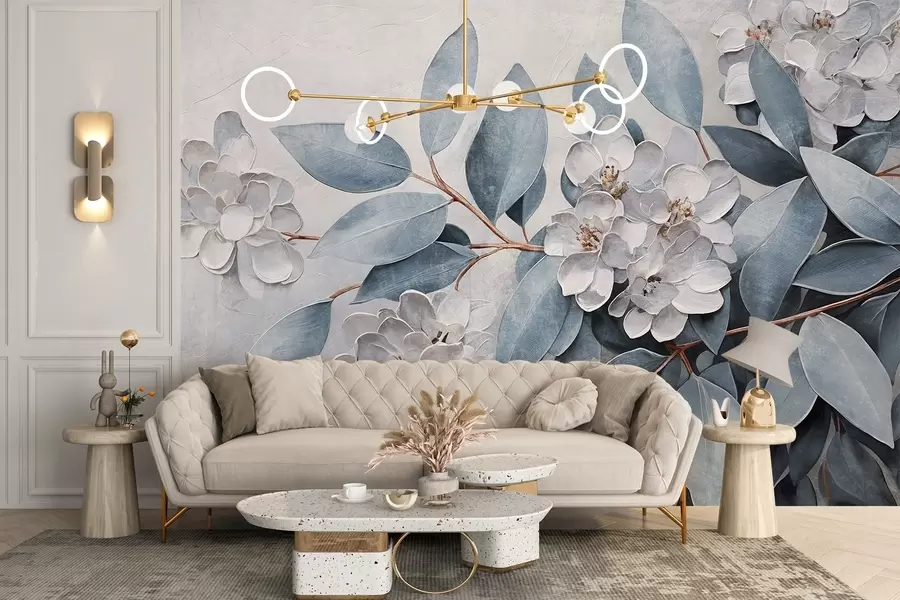 Papier peint Fleurs blanches délicates avec des feuilles gris-vert sur un fond doux, dans le style de la peinture à l'huile  w08437