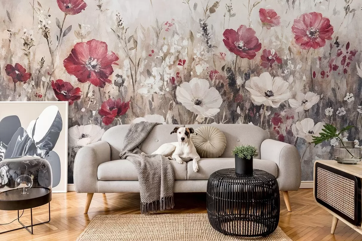 Papier peint Un champ de fleurs rouges et blanches vibrantes sur un fond doux et brumeux dans le style de la peinture à l'huile w08438