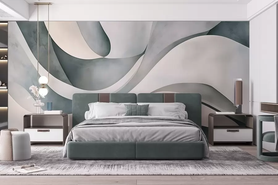 Papier peint Formes courbes blanches, bleues et grises, créant une impression abstraite, texturale, moderne et minimaliste  w08439v1