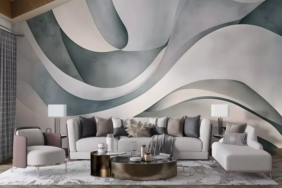 Papier peint Formes courbes blanches, bleues et grises, créant une impression abstraite, texturale, moderne et minimaliste  w08439v1