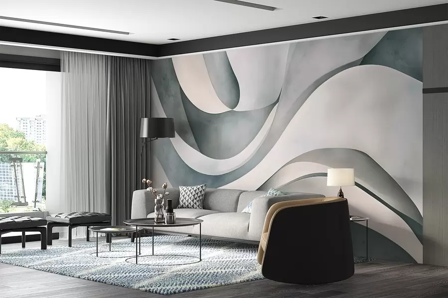 Papier peint Formes courbes blanches, bleues et grises, créant une impression abstraite, texturale, moderne et minimaliste  w08439v1