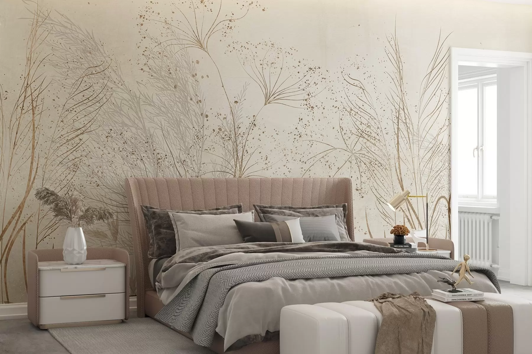 Papier peint Illustration monochrome de diverses plantes et épillets de couleur beige, avec des lignes et des textures délicates et ondulantes  w08441