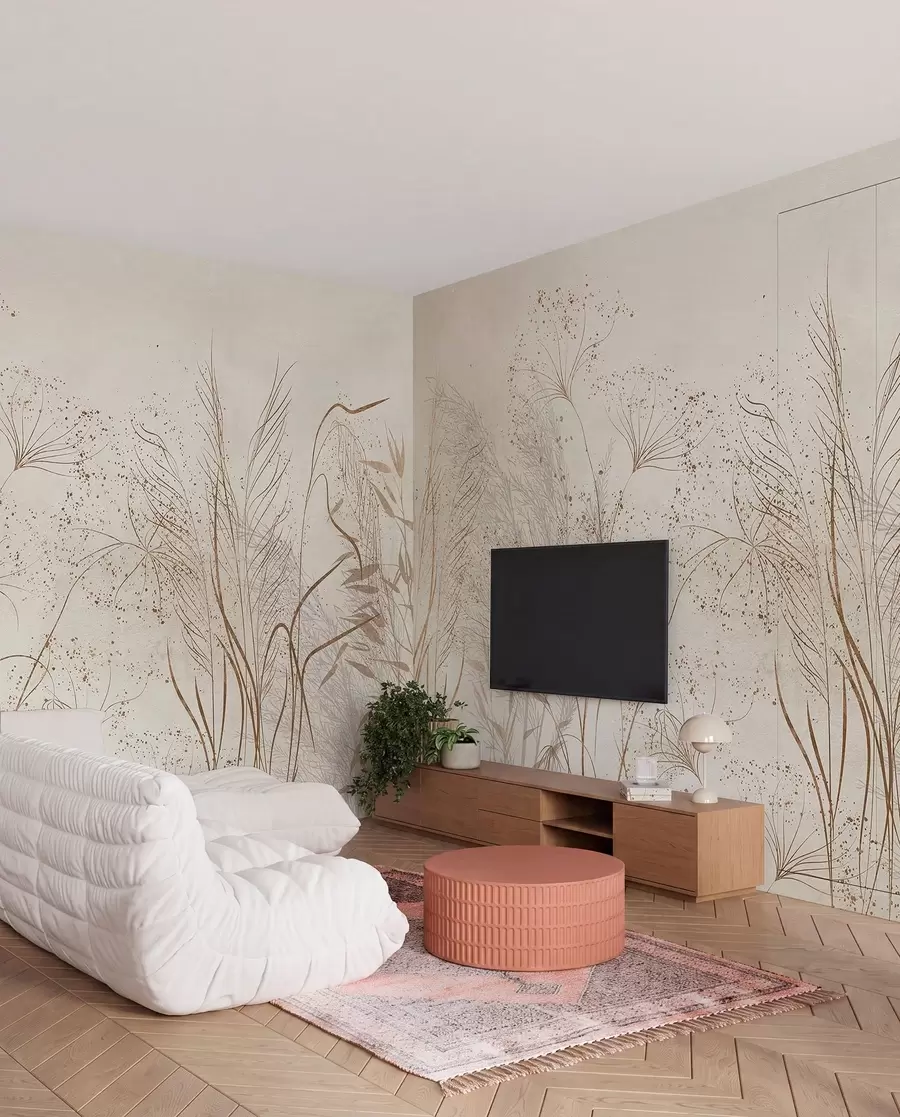 Papier peint Illustration monochrome de diverses plantes et épillets de couleur beige, avec des lignes et des textures délicates et ondulantes  w08441