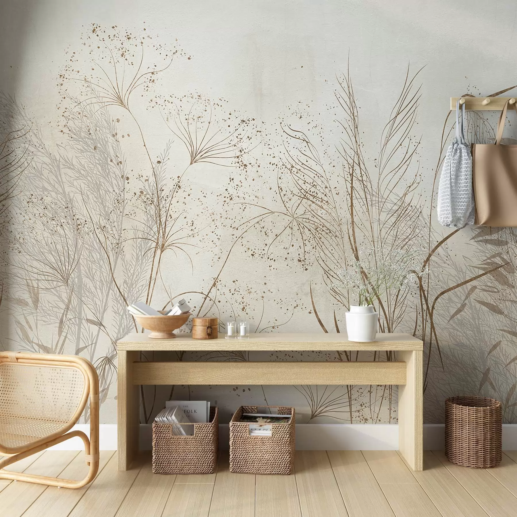 Papier peint Illustration monochrome de diverses plantes et épillets de couleur beige, avec des lignes et des textures délicates et ondulantes  w08441