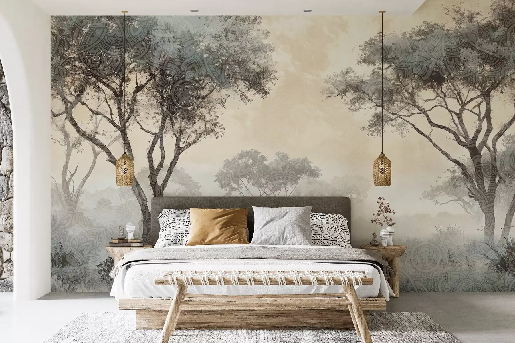 Papier peint Paysage brumeux et serein avec des silhouettes d'arbres au premier plan et un brouillard doux dans les tons gris et beige w08442v1