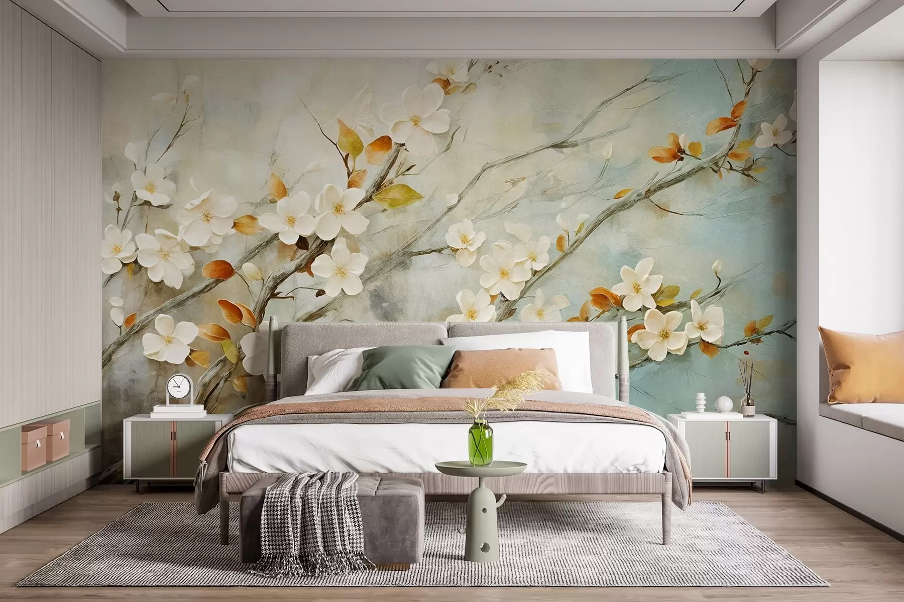 Papier peint Fleurs de cerisier blanches sur des branches sur un fond bleu et vert dans le style de la peinture à l'huile w08444