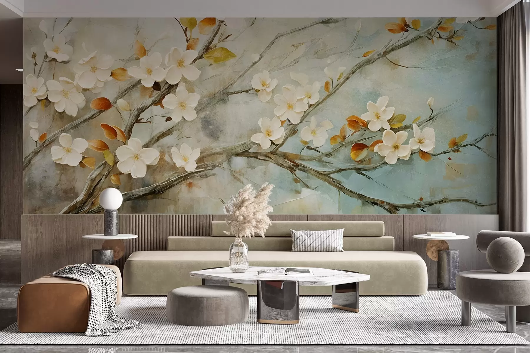 Papier peint Fleurs de cerisier blanches sur des branches sur un fond bleu et vert dans le style de la peinture à l'huile w08444