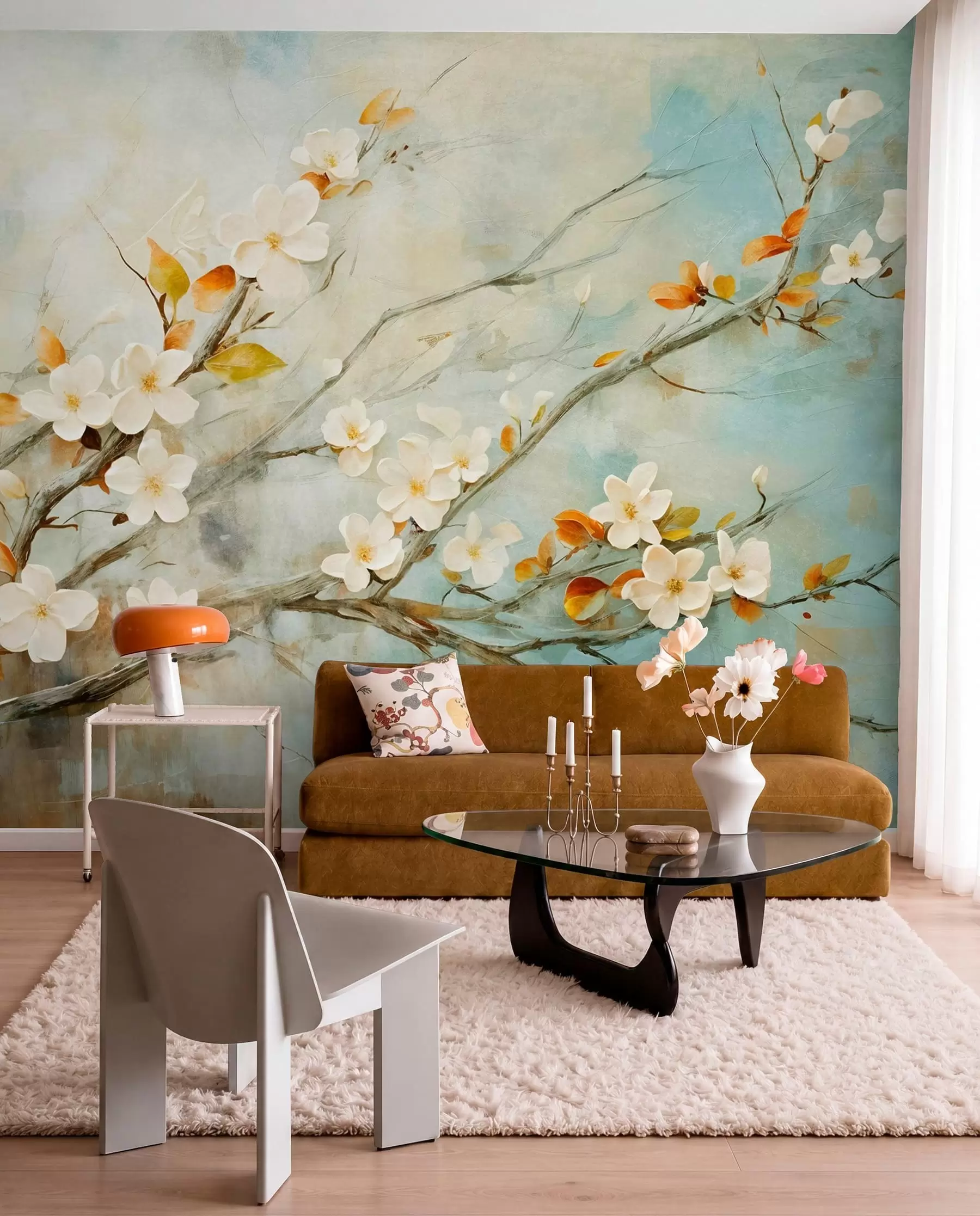 Papier peint Fleurs de cerisier blanches sur des branches sur un fond bleu et vert dans le style de la peinture à l'huile w08444