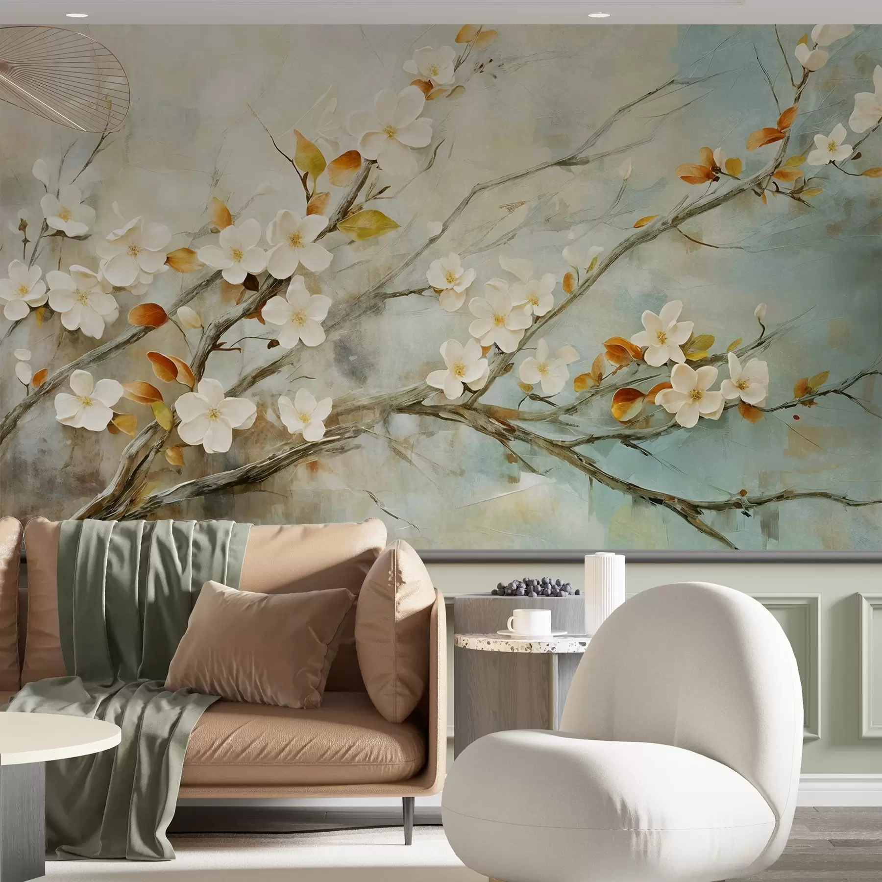 Papier peint Fleurs de cerisier blanches sur des branches sur un fond bleu et vert dans le style de la peinture à l'huile w08444