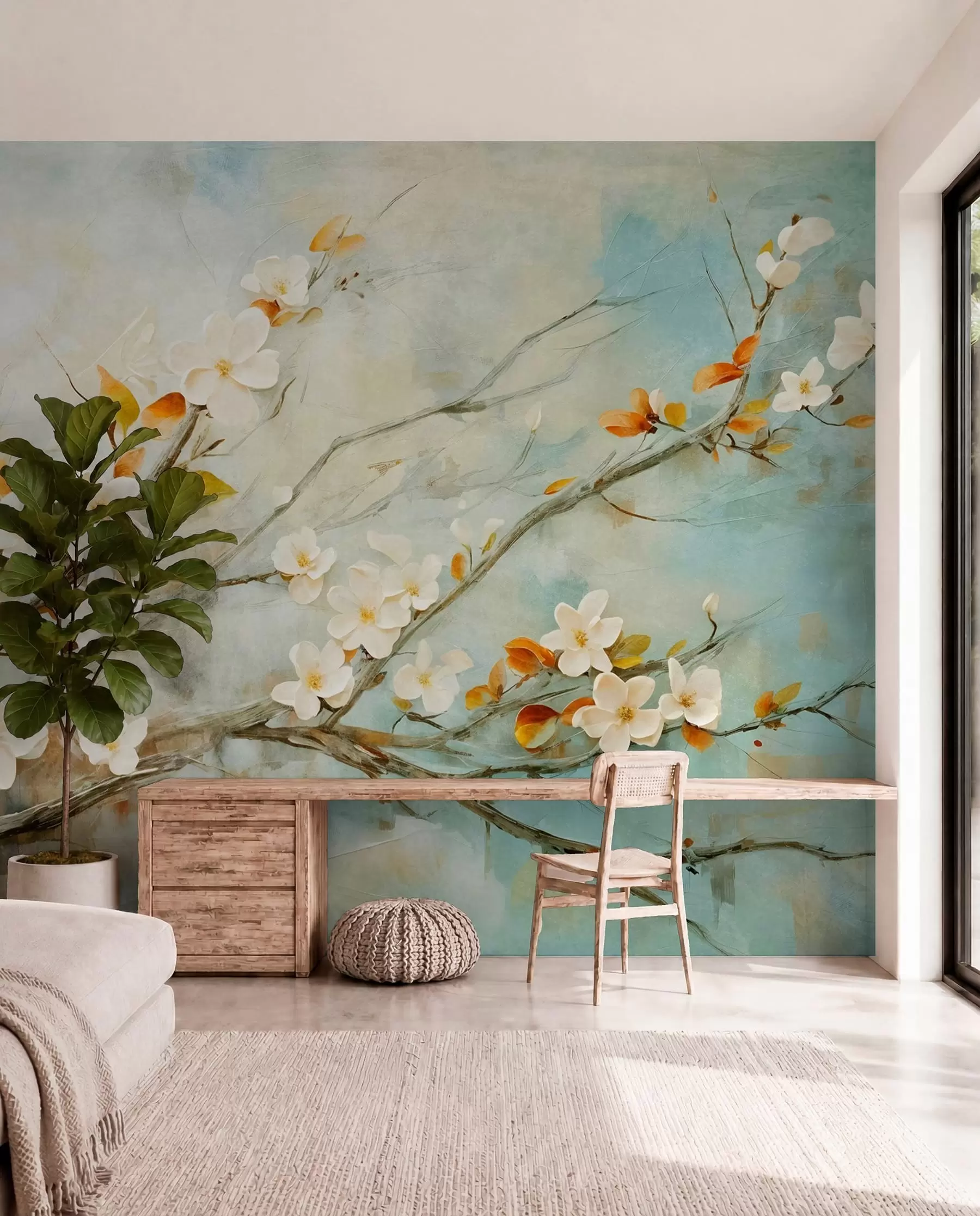 Papier peint Fleurs de cerisier blanches sur des branches sur un fond bleu et vert dans le style de la peinture à l'huile w08444