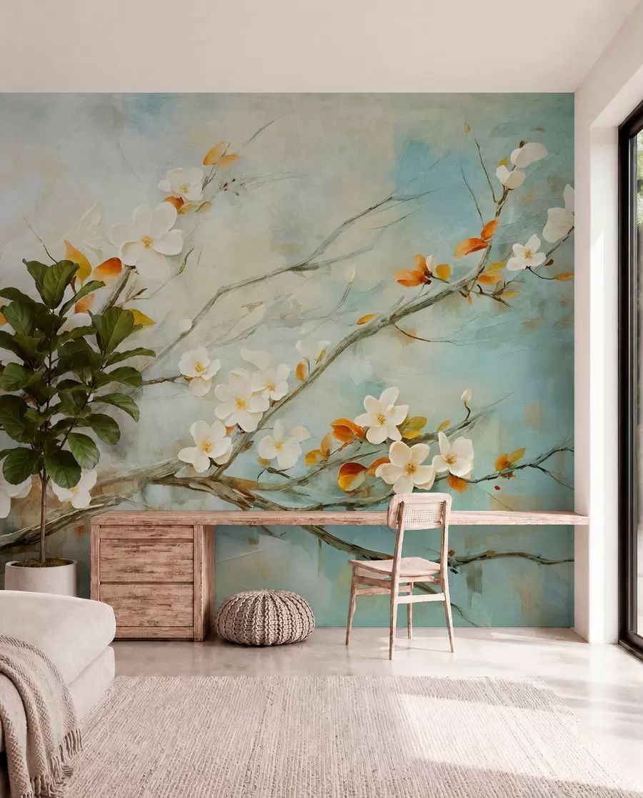 Papier peint Fleurs de cerisier blanches sur des branches sur un fond bleu et vert dans le style de la peinture à l'huile w08444