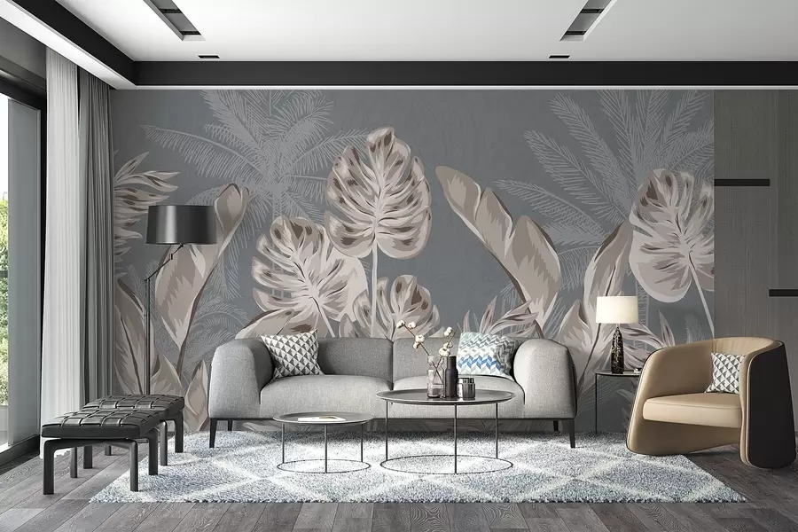 Papier peint De grandes et délicates feuilles beiges sur un fond gris mat, créant une atmosphère sereine et éthérée w08449