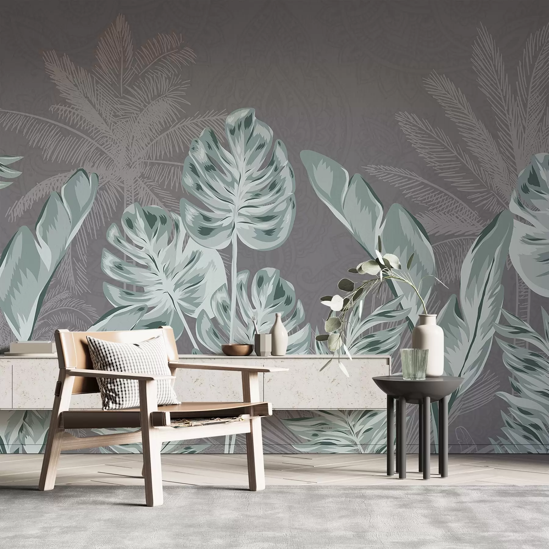 Papier peint Grandes feuilles délicates de couleur sarcelle sur un fond gris discret, créant une atmosphère sereine et éthérée w08449v1