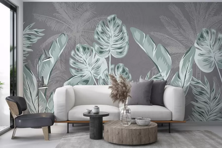 Papier peint Grandes feuilles délicates de couleur sarcelle sur un fond gris discret, créant une atmosphère sereine et éthérée w08449v1