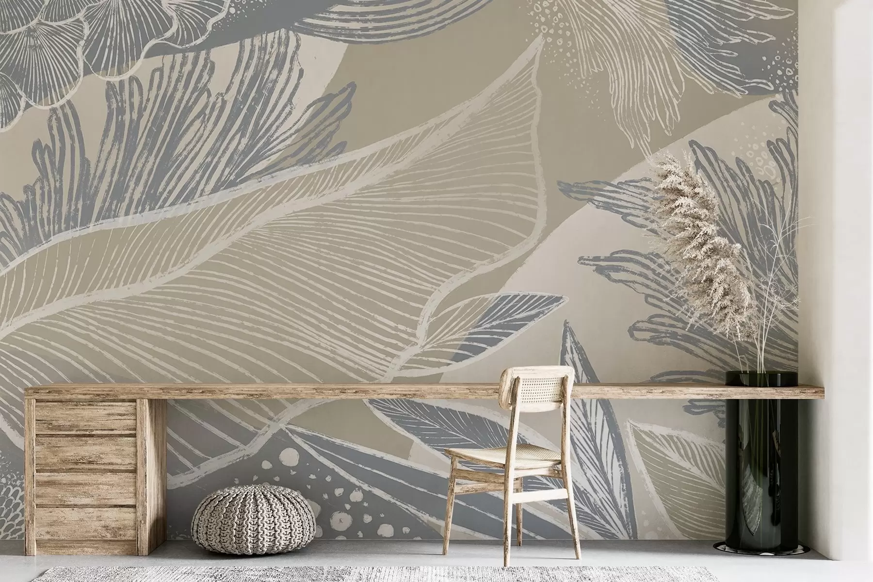 Papier peint Imprimé abstrait bleu pastel et blanc avec des formes et des lignes organiques dans une palette de couleurs sourdes w08450