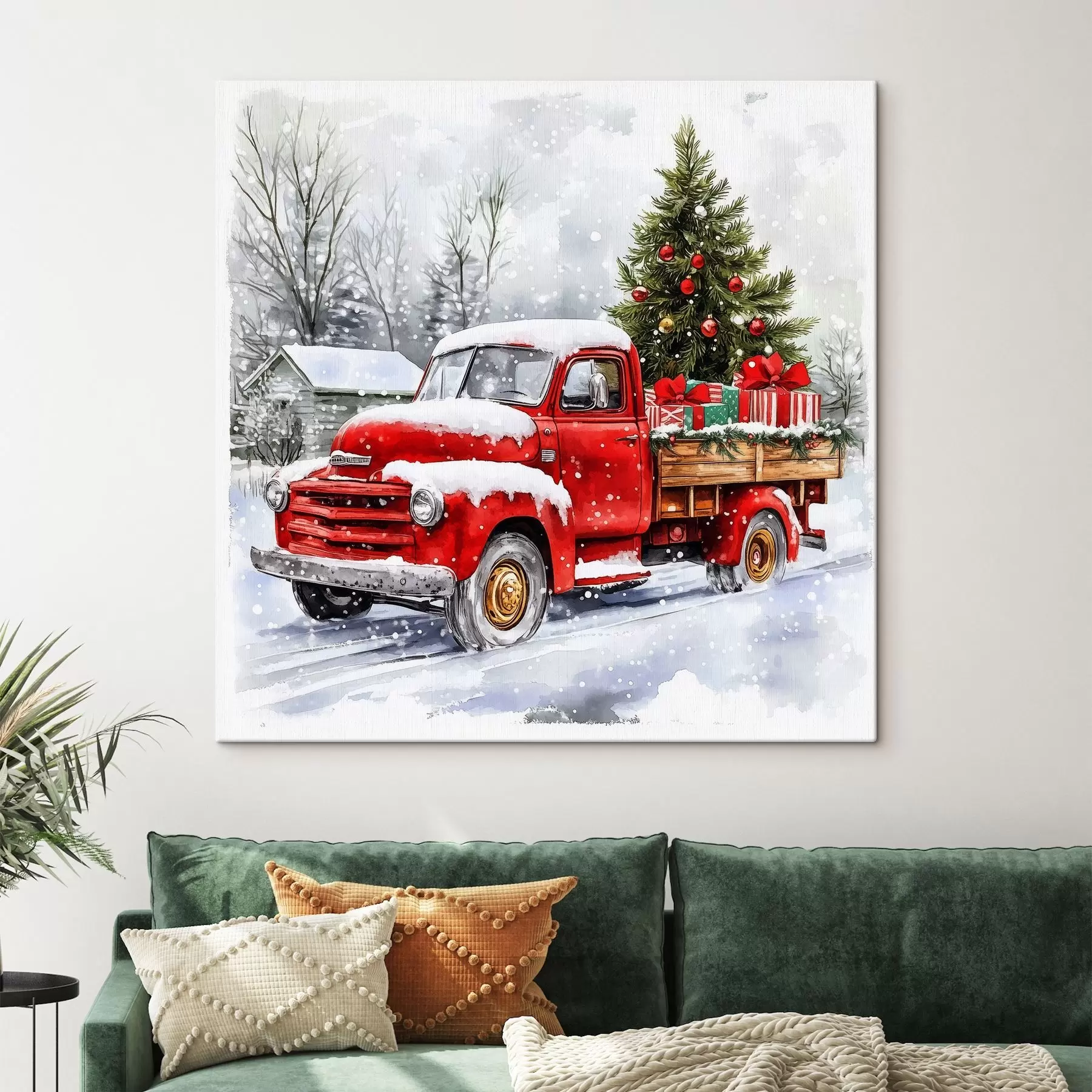 Papier peint Une voiture de Noël avec un sapin et des cadeaux par temps de neige s41968
