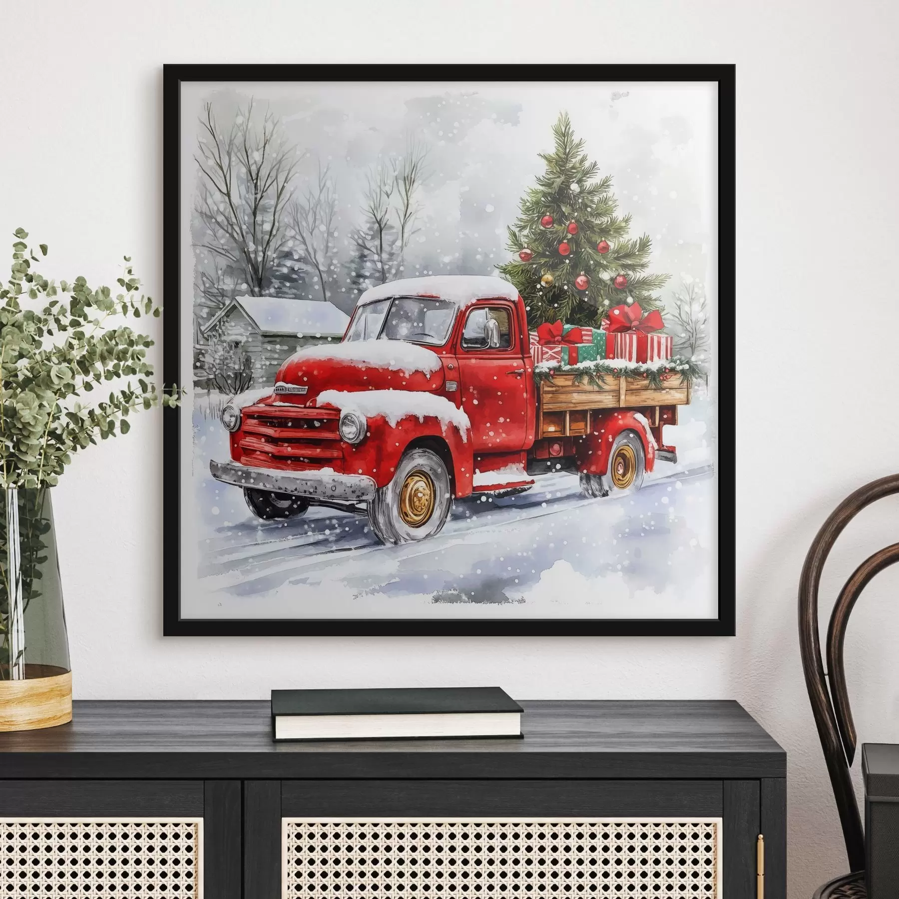 Tableau Une voiture de Noël avec un sapin et des cadeaux par temps de neige f41968